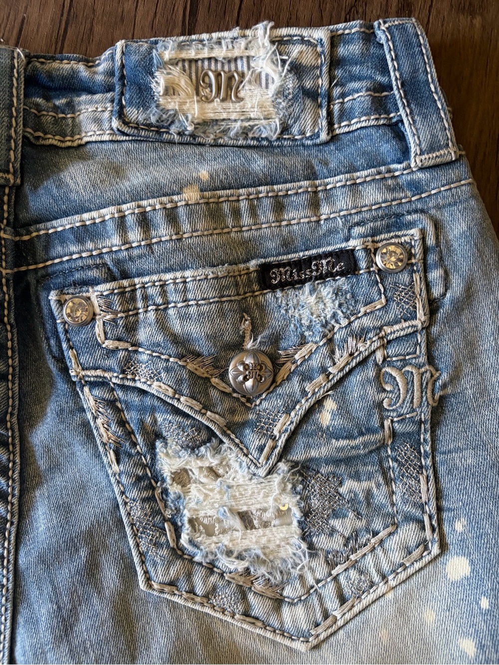 Miss Me Light Wash Distressed Denim Shorts with Rhinestone Trim - Picture 7 of 9